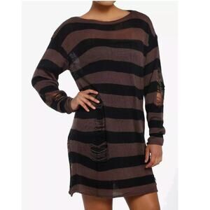 Grungey Distressed Sweater Dress Brown + Black Stripe